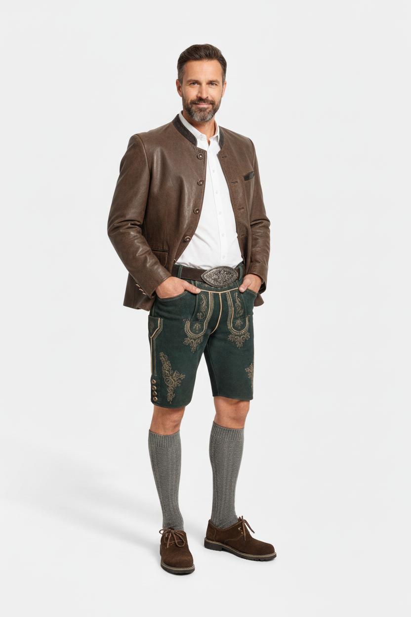 Mann in grünen Lederhosen mit schärferen Details
